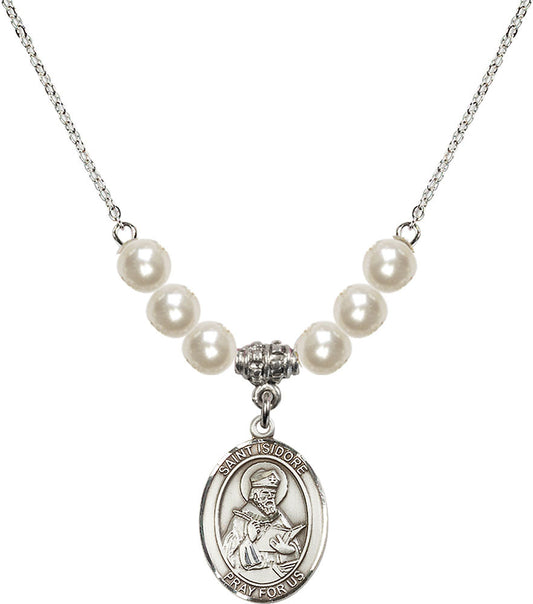 Sterling Silver Saint Isidore of Seville Birthstone Necklace with Faux-Pearl Beads - 8049