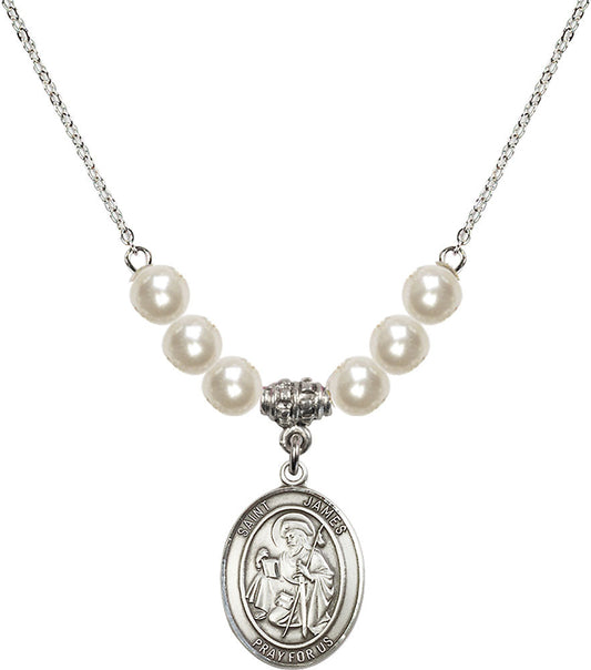 Sterling Silver Saint James the Greater Birthstone Necklace with Faux-Pearl Beads - 8050