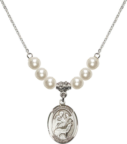 Sterling Silver Saint Jason Birthstone Necklace with Faux-Pearl Beads - 8051