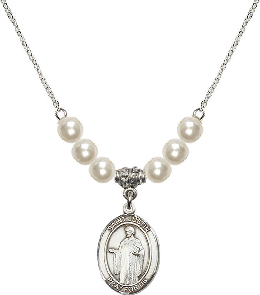 Sterling Silver Saint Justin Birthstone Necklace with Faux-Pearl Beads - 8052