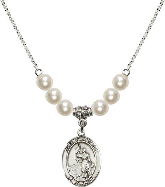 Sterling Silver Saint Joan of Arc Birthstone Necklace with Faux-Pearl Beads - 8053
