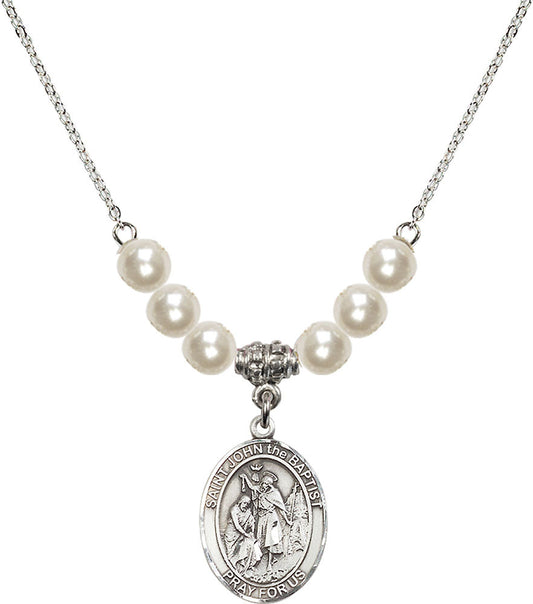 Sterling Silver Saint John the Baptist Birthstone Necklace with Faux-Pearl Beads - 8054
