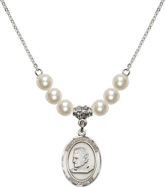 Sterling Silver Saint John Bosco Birthstone Necklace with Faux-Pearl Beads - 8055
