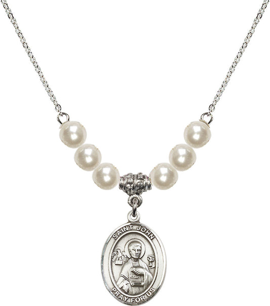 Sterling Silver Saint John the Apostle Birthstone Necklace with Faux-Pearl Beads - 8056