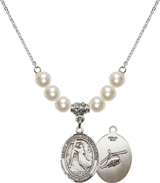 Sterling Silver Saint Joseph of Cupertino/Helecopter Birthstone Necklace with Faux-Pearl Beads - 8057