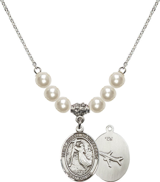 Sterling Silver Saint Joseph of Cupertino Birthstone Necklace with Faux-Pearl Beads - 8057