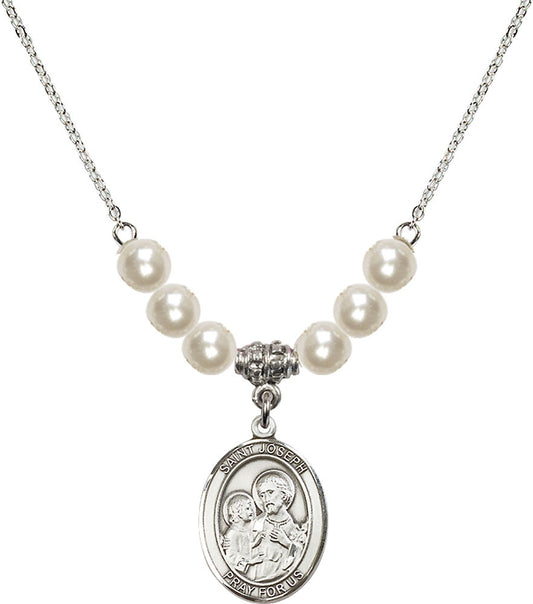 Sterling Silver Saint Joseph Birthstone Necklace with Faux-Pearl Beads - 8058