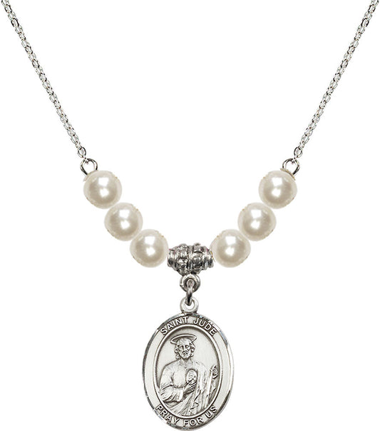Sterling Silver Saint Jude Thaddeus Birthstone Necklace with Faux-Pearl Beads - 8060