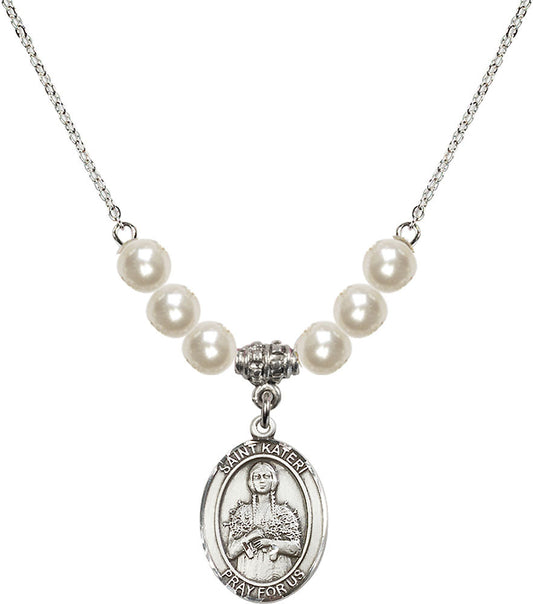 Sterling Silver Saint Kateri Tekakwitha Birthstone Necklace with Faux-Pearl Beads - 8061