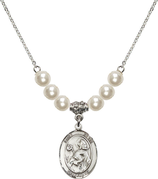 Sterling Silver Saint Kevin Birthstone Necklace with Faux-Pearl Beads - 8062