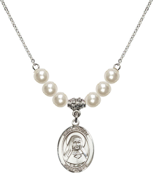 Sterling Silver Saint Louise de Marillac Birthstone Necklace with Faux-Pearl Beads - 8064