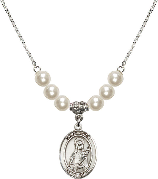 Sterling Silver Saint Lucia of Syracuse Birthstone Necklace with Faux-Pearl Beads - 8065