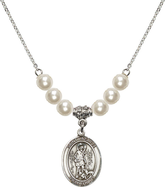 Sterling Silver Saint Lazarus Birthstone Necklace with Faux-Pearl Beads - 8066