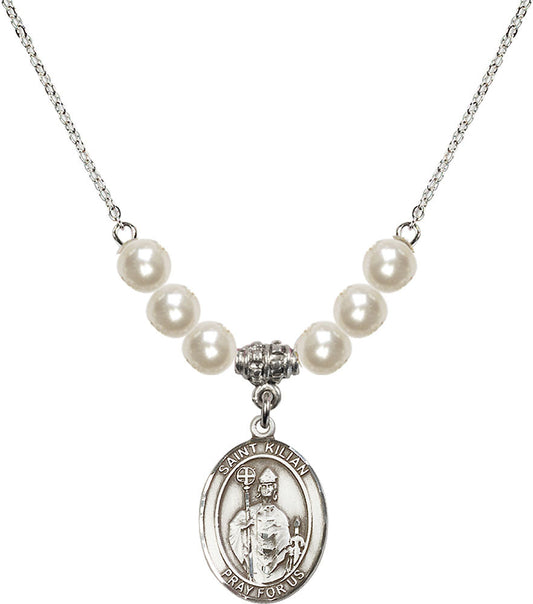 Sterling Silver Saint Kilian Birthstone Necklace with Faux-Pearl Beads - 8067