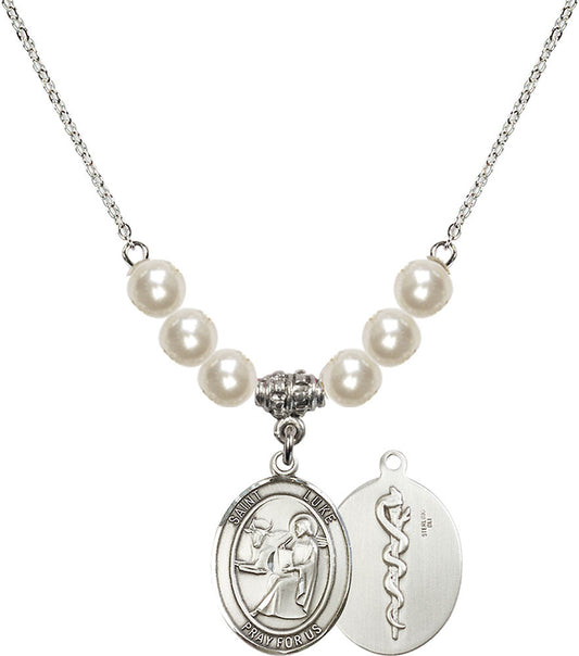 Sterling Silver Saint Luke the Apostle / Doctor Birthstone Necklace with Faux-Pearl Beads - 8068