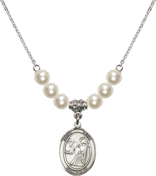 Sterling Silver Saint Luke the Apostle Birthstone Necklace with Faux-Pearl Beads - 8068