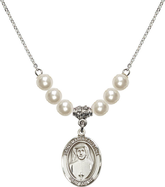Sterling Silver Saint Maria Faustina Birthstone Necklace with Faux-Pearl Beads - 8069