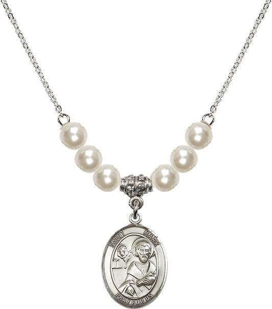 Sterling Silver Saint Mark the Evangelist Birthstone Necklace with Faux-Pearl Beads - 8070