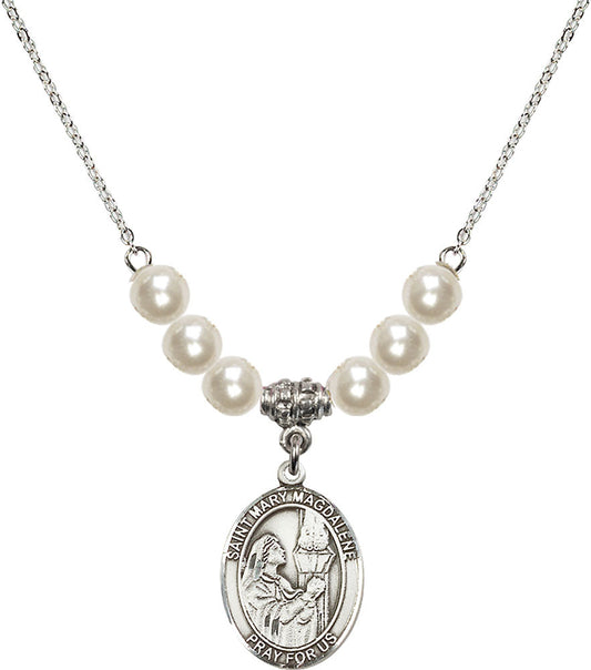 Sterling Silver Saint Mary Magdalene Birthstone Necklace with Faux-Pearl Beads - 8071