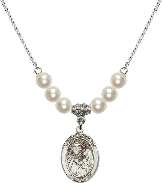 Sterling Silver Saint Margaret Mary Alacoque Birthstone Necklace with Faux-Pearl Beads - 8072