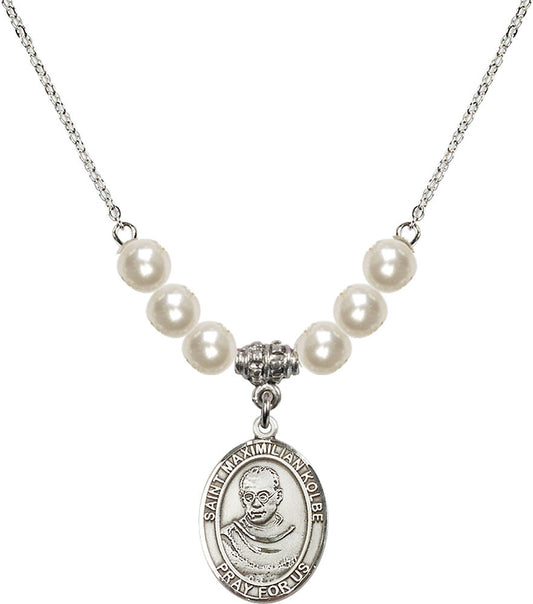 Sterling Silver Saint Maximilian Kolbe Birthstone Necklace with Faux-Pearl Beads - 8073