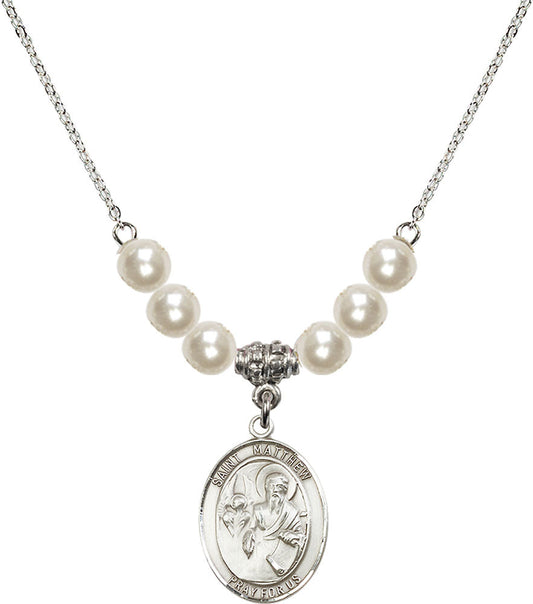 Sterling Silver Saint Matthew the Apostle Birthstone Necklace with Faux-Pearl Beads - 8074
