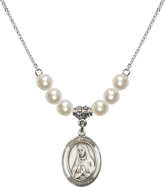 Sterling Silver Saint Martha Birthstone Necklace with Faux-Pearl Beads - 8075