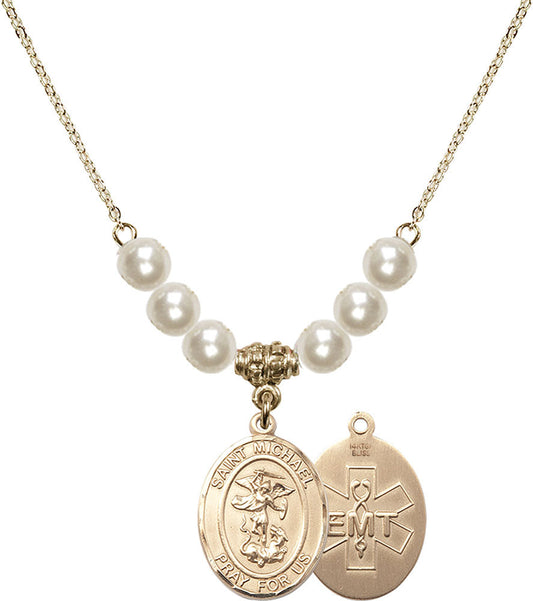 14kt Gold Filled Saint Michael / EMT Birthstone Necklace with Faux-Pearl Beads - 8076