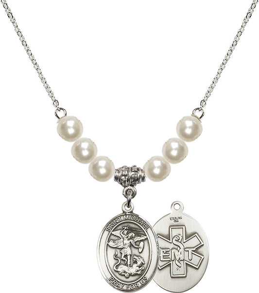 Sterling Silver Saint Michael / EMT Birthstone Necklace with Faux-Pearl Beads - 8076