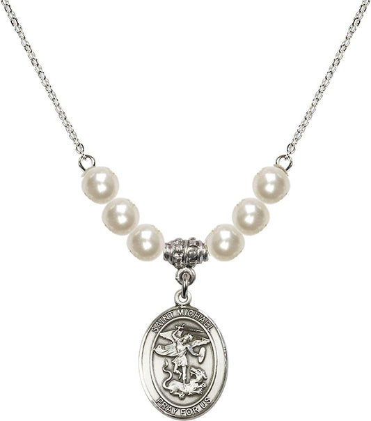 Sterling Silver Saint Michael the Archangel Birthstone Necklace with Faux-Pearl Beads - 8076