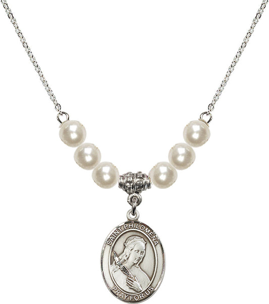 Sterling Silver Saint Philomena Birthstone Necklace with Faux-Pearl Beads - 8077
