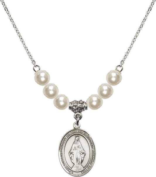 Sterling Silver Miraculous Birthstone Necklace with Faux-Pearl Beads - 8078