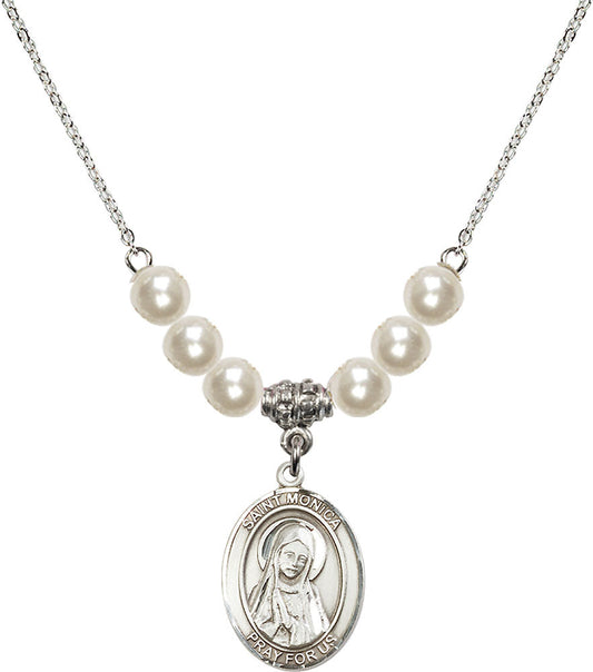 Sterling Silver Saint Monica Birthstone Necklace with Faux-Pearl Beads - 8079