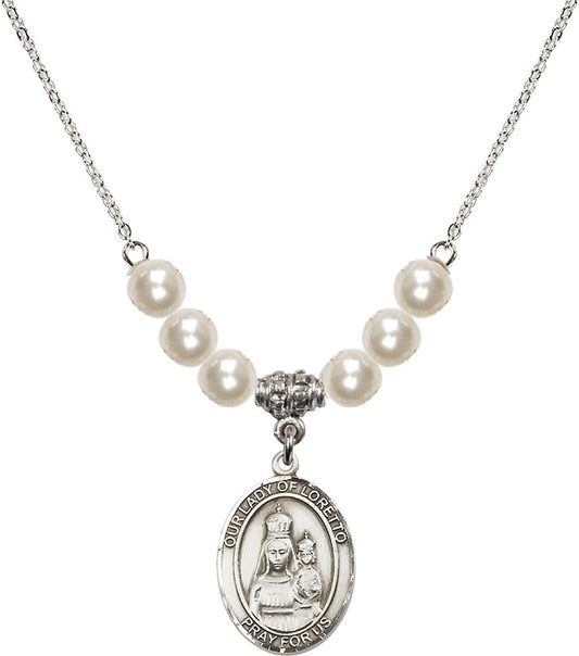 Sterling Silver Our Lady of Loretto Birthstone Necklace with Faux-Pearl Beads - 8082