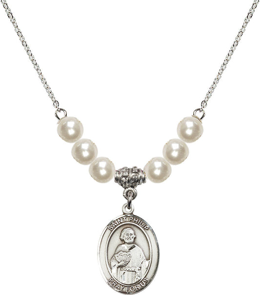 Sterling Silver Saint Philip the Apostle Birthstone Necklace with Faux-Pearl Beads - 8083
