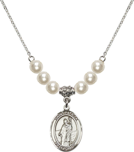Sterling Silver Saint Patrick Birthstone Necklace with Faux-Pearl Beads - 8084
