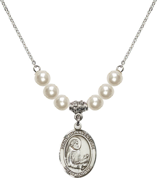 Sterling Silver Saint Bonaventure Birthstone Necklace with Faux-Pearl Beads - 8085