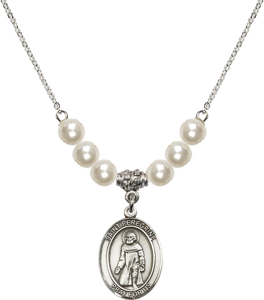 Sterling Silver Saint Peregrine Laziosi Birthstone Necklace with Faux-Pearl Beads - 8088