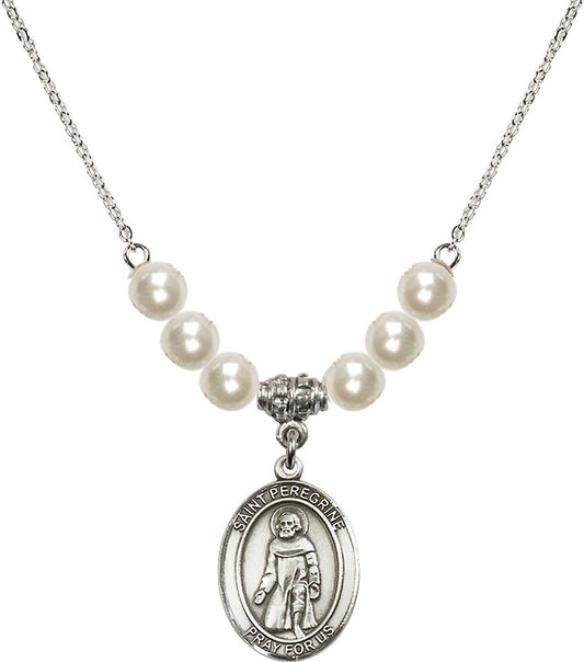 Sterling Silver Saint Peregrine Laziosi Birthstone Necklace with Faux-Pearl Beads - 8088