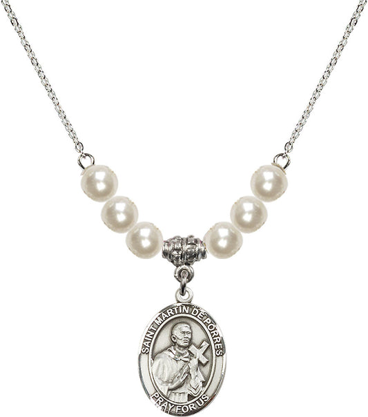 Sterling Silver Saint Martin de Porres Birthstone Necklace with Faux-Pearl Beads - 8089