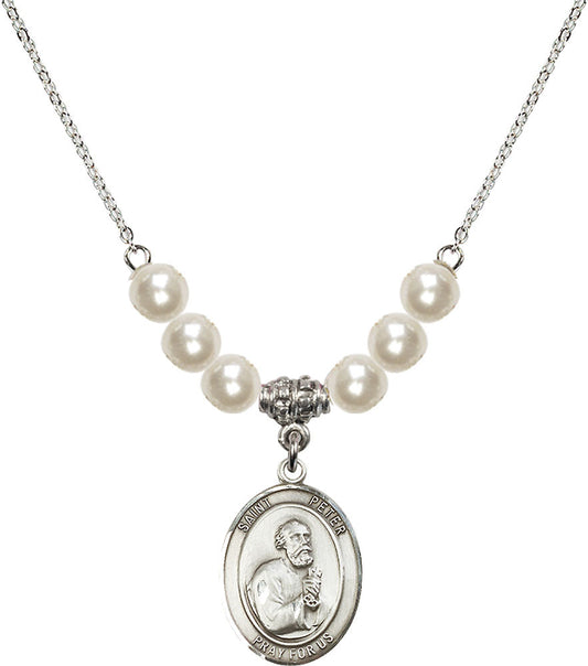 Sterling Silver Saint Peter the Apostle Birthstone Necklace with Faux-Pearl Beads - 8090