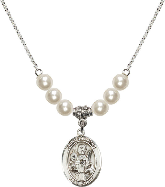 Sterling Silver Saint Raymond Nonnatus Birthstone Necklace with Faux-Pearl Beads - 8091