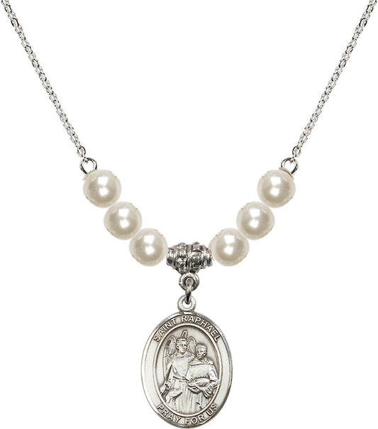 Sterling Silver Saint Raphael the Archangel Birthstone Necklace with Faux-Pearl Beads - 8092