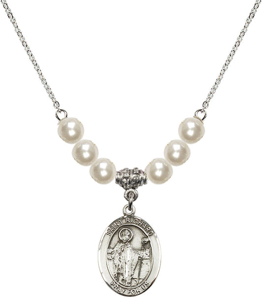 Sterling Silver Saint Richard Birthstone Necklace with Faux-Pearl Beads - 8093