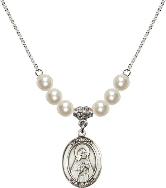 Sterling Silver Saint Rita of Cascia Birthstone Necklace with Faux-Pearl Beads - 8094