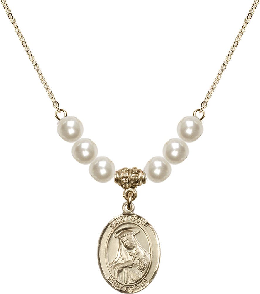 14kt Gold Filled Saint Rose of Lima Birthstone Necklace with Faux-Pearl Beads - 8095