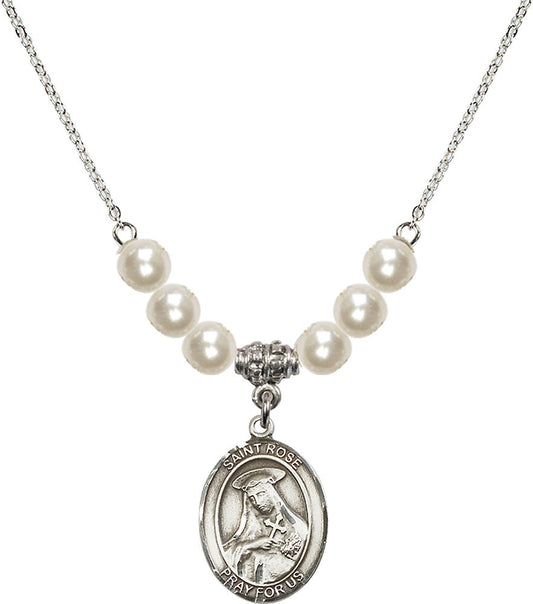 Sterling Silver Saint Rose of Lima Birthstone Necklace with Faux-Pearl Beads - 8095