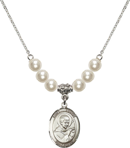 Sterling Silver Saint Robert Bellarmine Birthstone Necklace with Faux-Pearl Beads - 8096