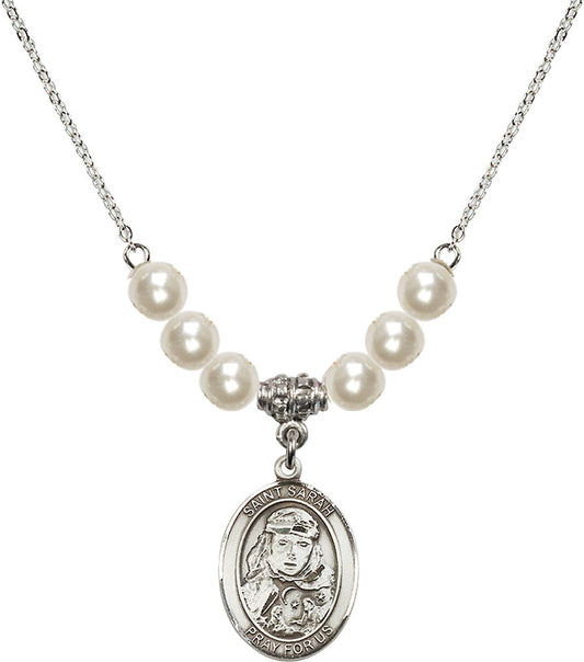 Sterling Silver Saint Sarah Birthstone Necklace with Faux-Pearl Beads - 8097