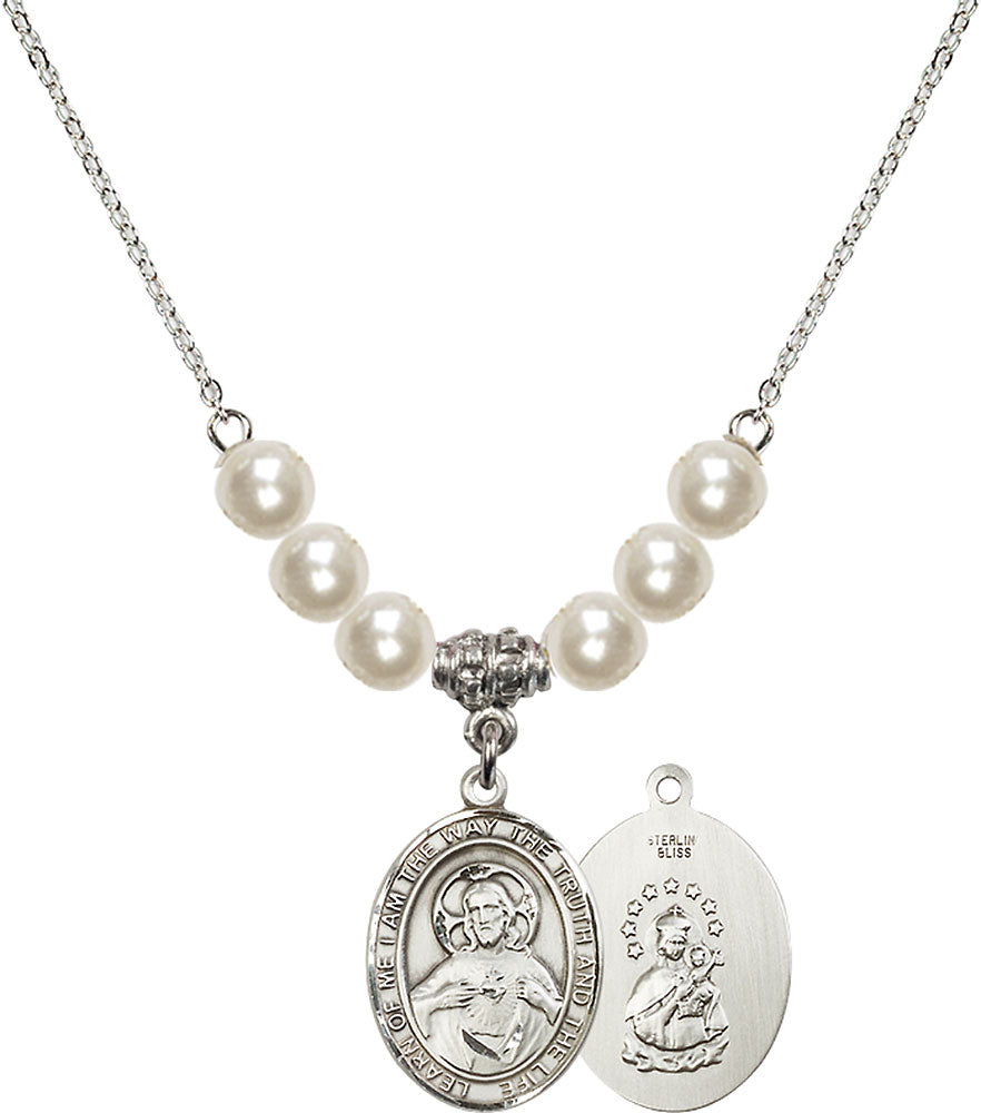 Sterling Silver Scapular Birthstone Necklace with Faux-Pearl Beads - 8098